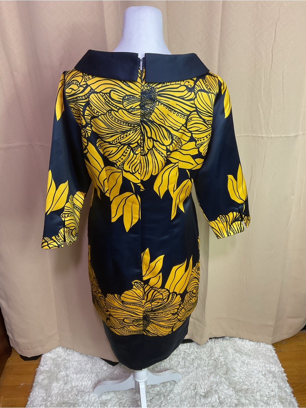 Ashro Navy Blue With Yellow Floral Print Vintage Dress - Picture 6 of 10